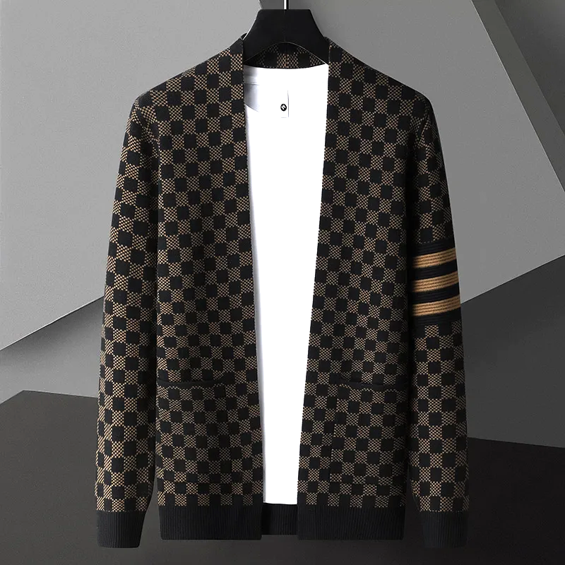Checkered Cardigan - Men's Plaid Thin Open Front Cardigan with Pockets
