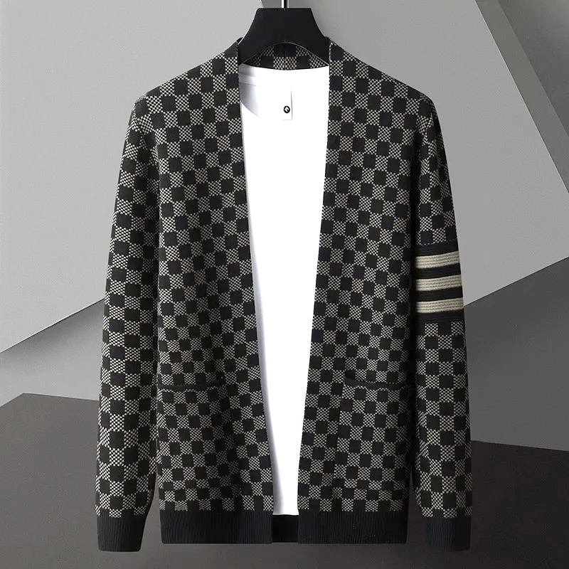 Checkered Cardigan - Men's Plaid Thin Open Front Cardigan with Pockets