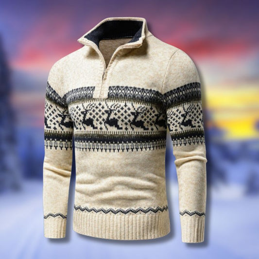 Men's Nordic Reindeer Knit Pullover – Winter Zip Collar Sweater with Traditional Fair Isle Pattern
