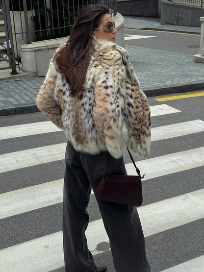 Faux Fur Jacket - Women's Fluffy Leopard Fake Fur Winter Jacket