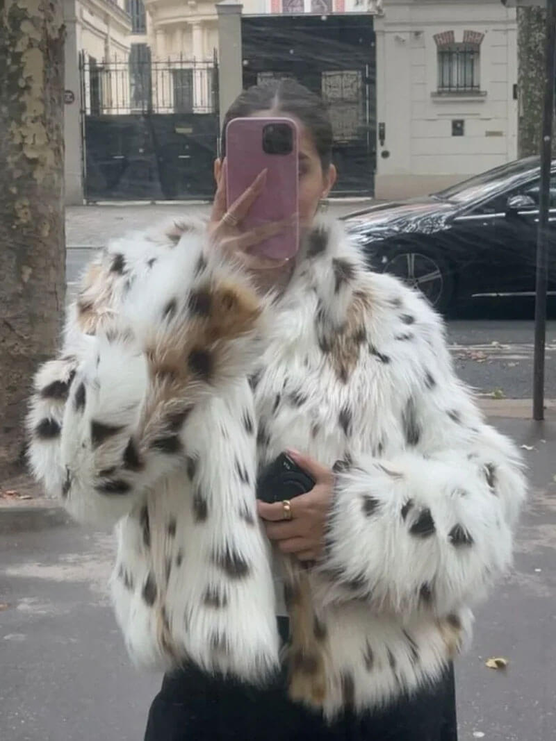 Faux Fur Jacket - Women's Fluffy Leopard Fake Fur Winter Jacket