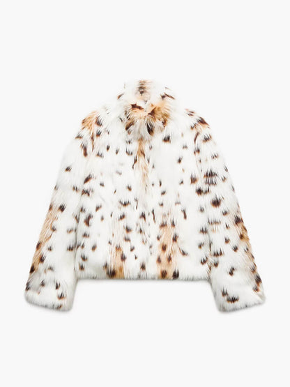 Faux Fur Jacket - Women's Fluffy Leopard Fake Fur Winter Jacket
