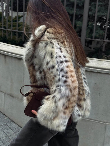 Faux Fur Jacket - Women's Fluffy Leopard Fake Fur Winter Jacket