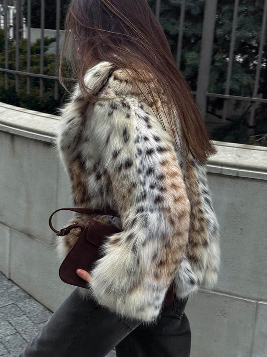 Faux Fur Jacket - Women's Fluffy Leopard Fake Fur Winter Jacket