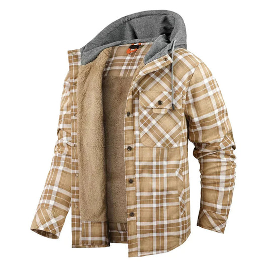 Flannel Jacket - Men's Plaid Fleece Lined Hooded Winter Jacket