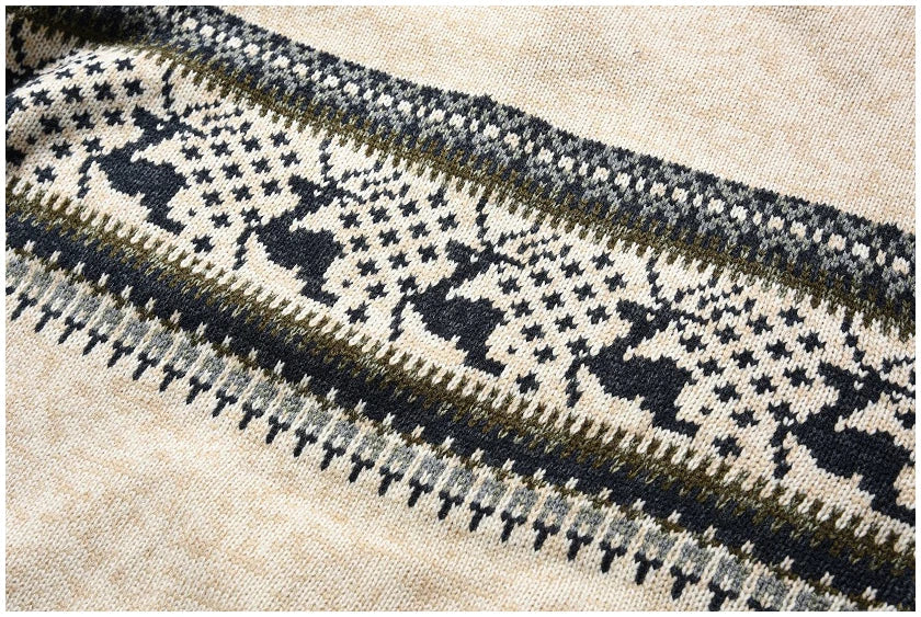 Men's Nordic Reindeer Knit Pullover – Winter Zip Collar Sweater with Traditional Fair Isle Pattern