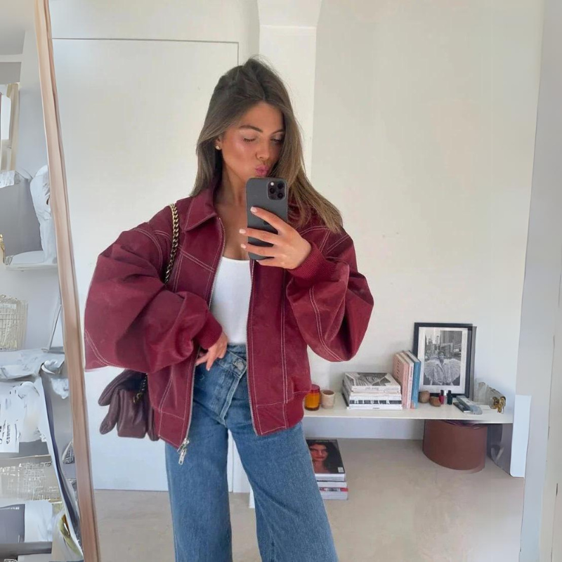Jacky- Oversized Contrast Stitching Jacket Red