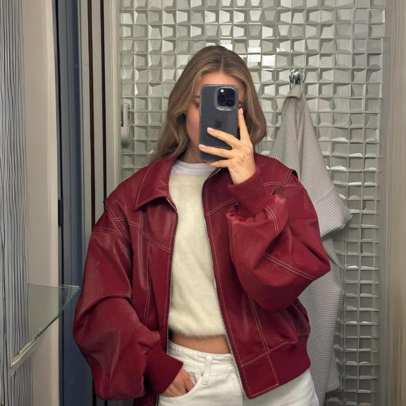 Jacky- Oversized Contrast Stitching Jacket Red