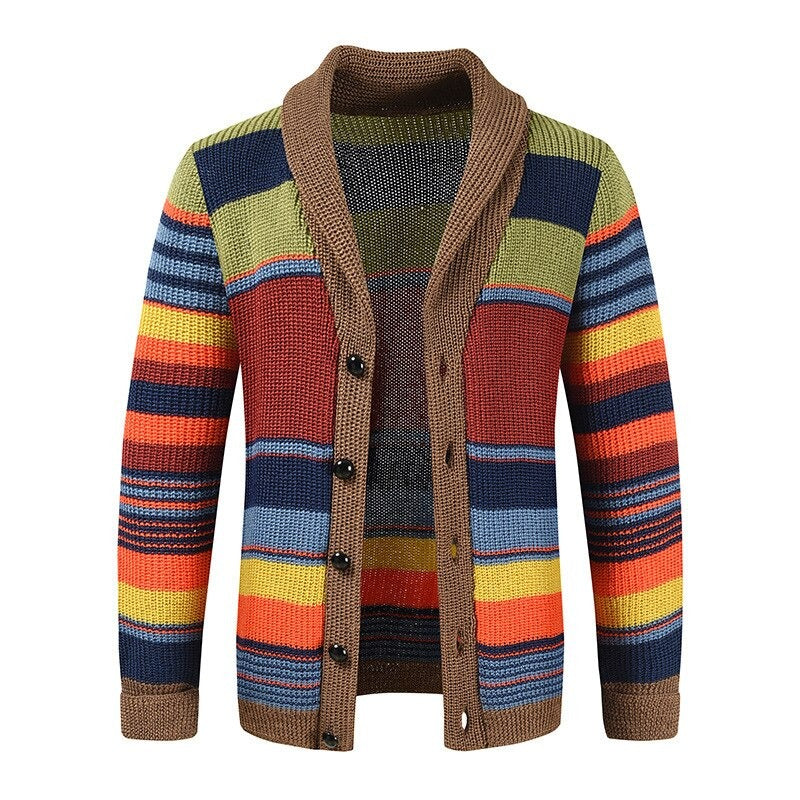 Knit Cardigan - Men's Striped Button-Up Wool Winter Cardigan
