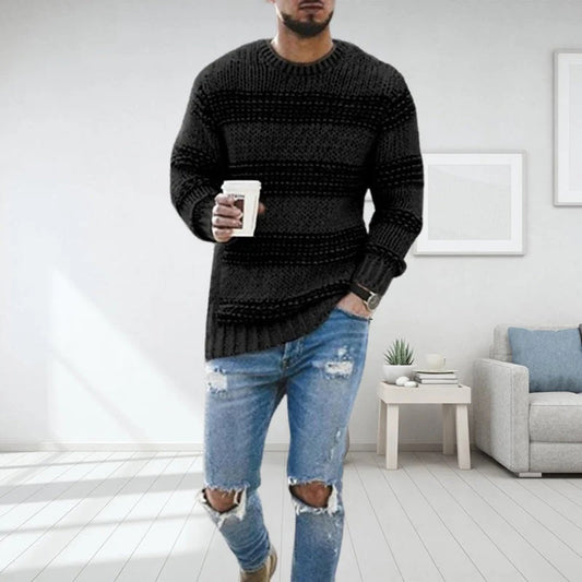 Men's Chunky Knit Striped Sweater – Crew Neck Long Sleeve Jumper with Textured Weave – Cosy Casual Winter Pullover