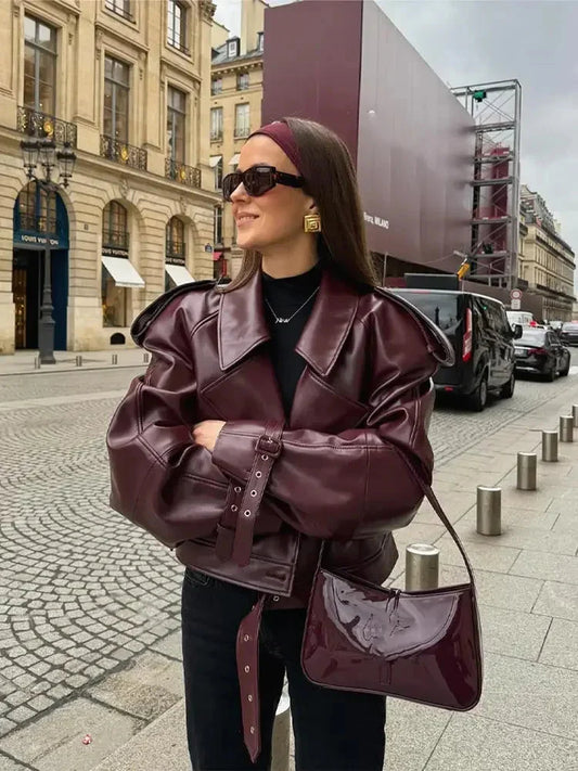 Leatherette Jacket - Faux Leather - Biker- Burgundy Leather Jacket - Women's Jacket