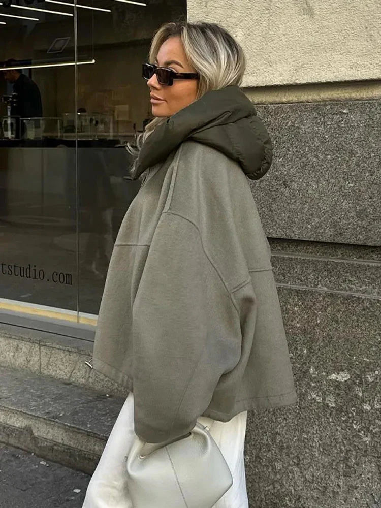 Oversized Jacket - Women's Hooded Loose Fit Green Autumn Jacket