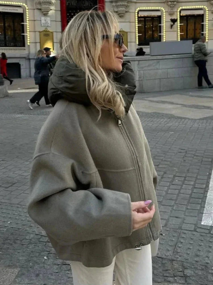 Oversized Jacket - Women's Hooded Loose Fit Green Autumn Jacket