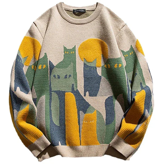 Unisex Artistic Cat Print Knit Sweater – Playful Expression with Cosy Comfort