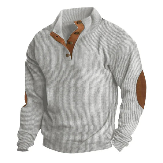 Men’s Corduroy Pullover with Button Neck and Suede Elbow Patches