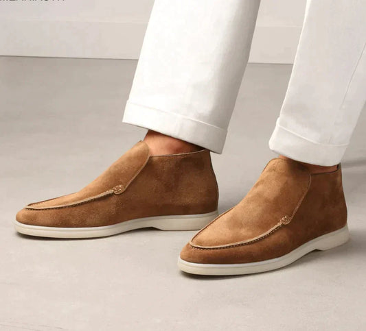 Men’s Slip-On Suede Ankle Boots with Moc Toe – Smart Casual Dress Shoes with Rubber Sole