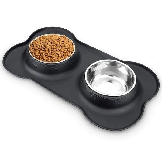 Non-Slip Stainless Steel Pet Bowls with Silicone Mat – Mess-Free Food & Water Feeding Station