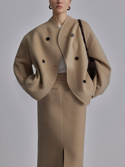 Short Wool Jacket - Women's Double Breasted Short Wool Blend Coat