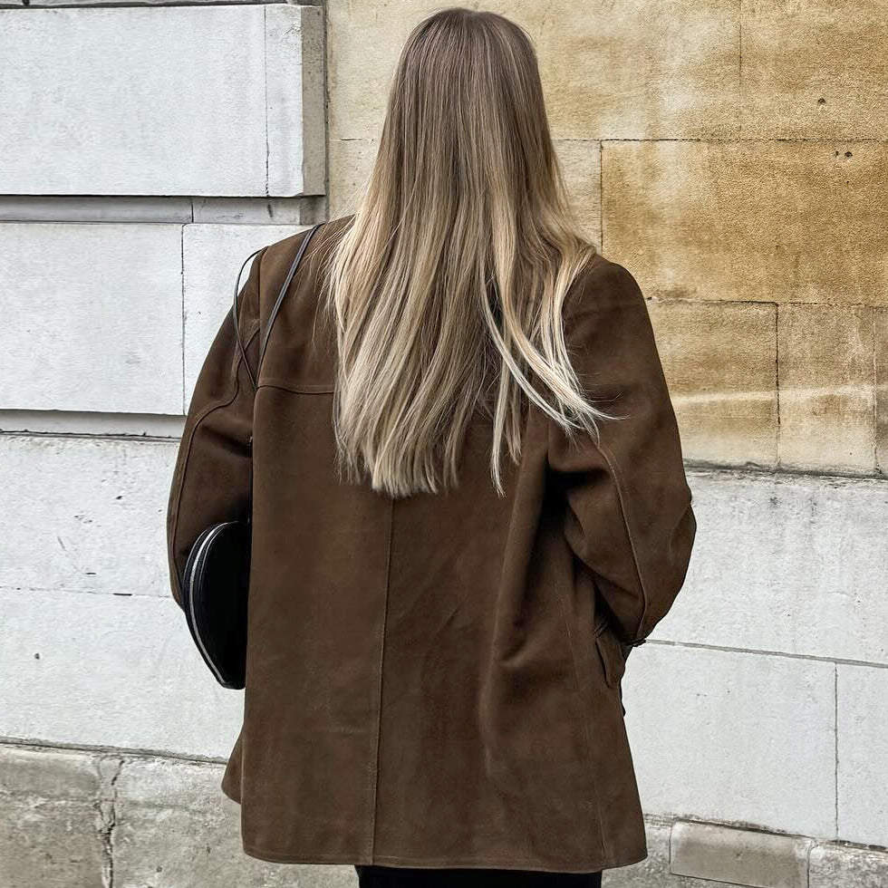 Suede Jacket - Brown - Autumn - Oversized Jacket - Women's Jacket
