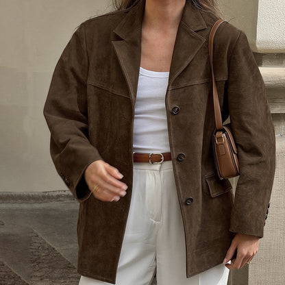 Suede Jacket - Brown - Autumn - Oversized Jacket - Women's Jacket