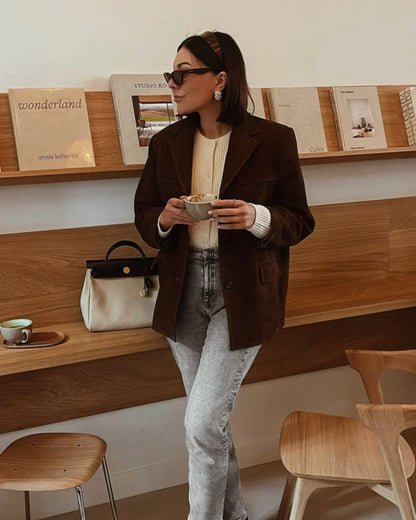 Suede Jacket - Women's Brown Vintage Oversized Suedette Jacket 