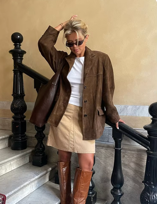 Suede Jacket - Women's Brown Vintage Oversized Suedette Jacket 