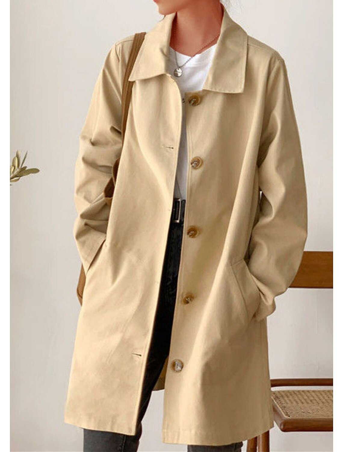 Trench Coat - Women's Casual Single Breasted Mid-Length Trench Coat