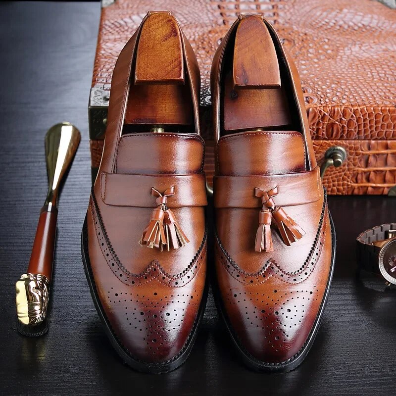 Men's Handcrafted Leather Tassel Loafers - Luxury Slip-On Dress Shoes for Business & Formal Wear