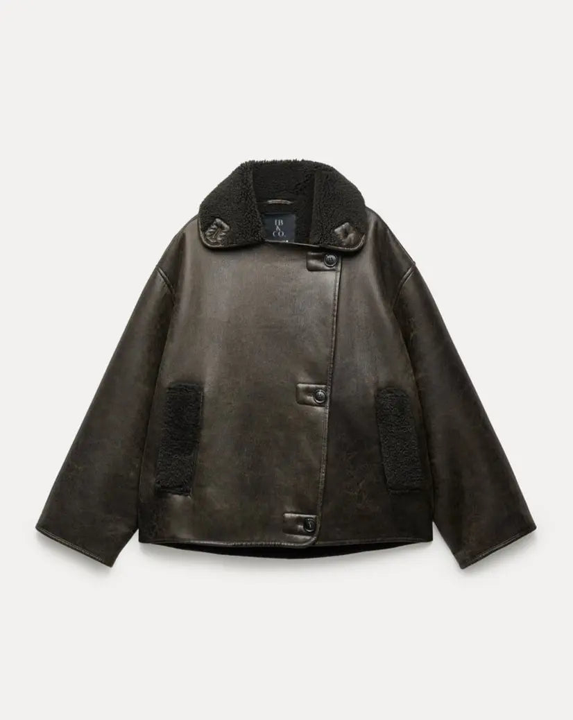 Winter Leather Jacket - Women's Oversized Teddy Lined Leatherette Jacket