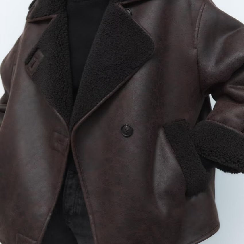 Winter Leather Jacket - Women's Oversized Teddy Lined Leatherette Jacket