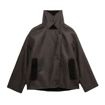 Winter Leather Jacket - Women's Oversized Teddy Lined Leatherette Jacket