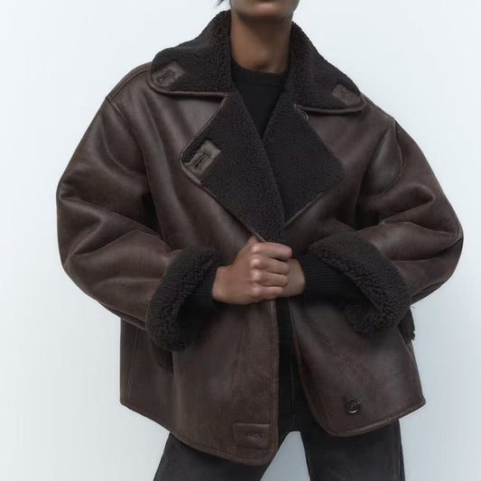 Winter Leather Jacket - Women's Oversized Teddy Lined Leatherette Jacket