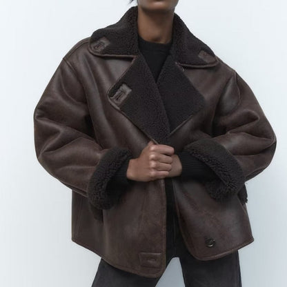 Winter Leather Jacket - Women's Oversized Teddy Lined Leatherette Jacket