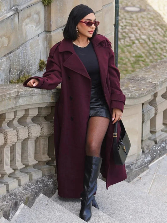 Wool Trench Coat - Double Breasted - Winter - Burgundy Coat - Women's Long Coat