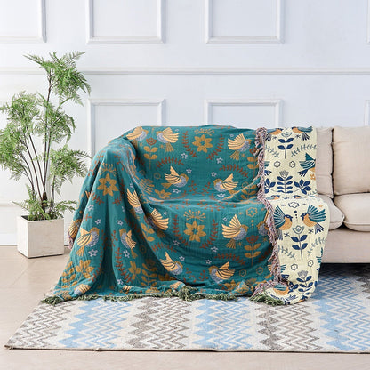 Woven Bird & Floral Cotton Throw Blanket – Reversible Boho Tapestry for Sofa or Bed Layering