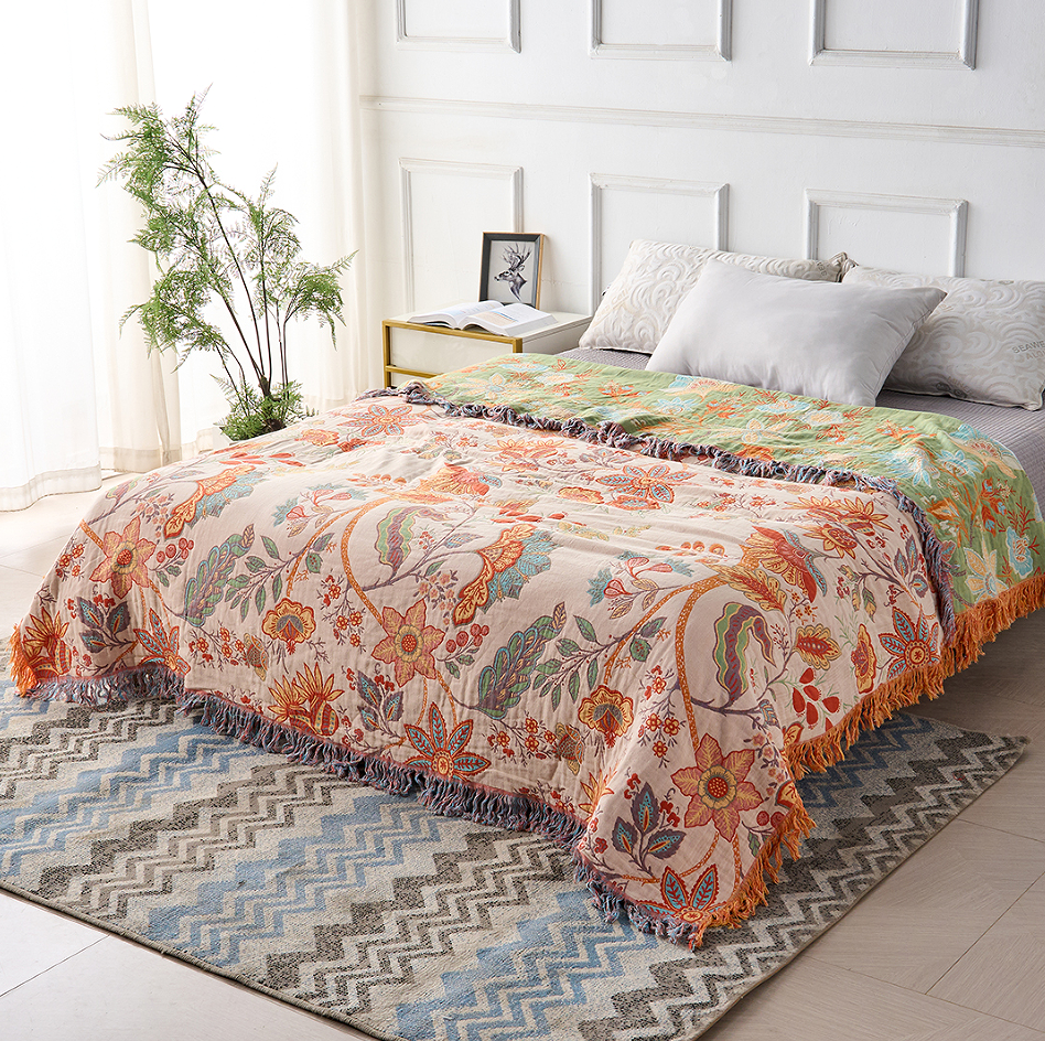 Boho Floral Cotton Throw Blanket – Lightweight Woven Tapestry with Tassels
