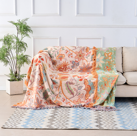 Boho Floral Cotton Throw Blanket – Lightweight Woven Tapestry with Tassels