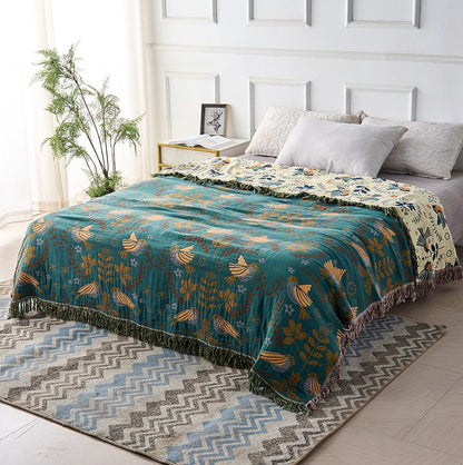 Woven Bird & Floral Cotton Throw Blanket – Reversible Boho Tapestry for Sofa or Bed Layering