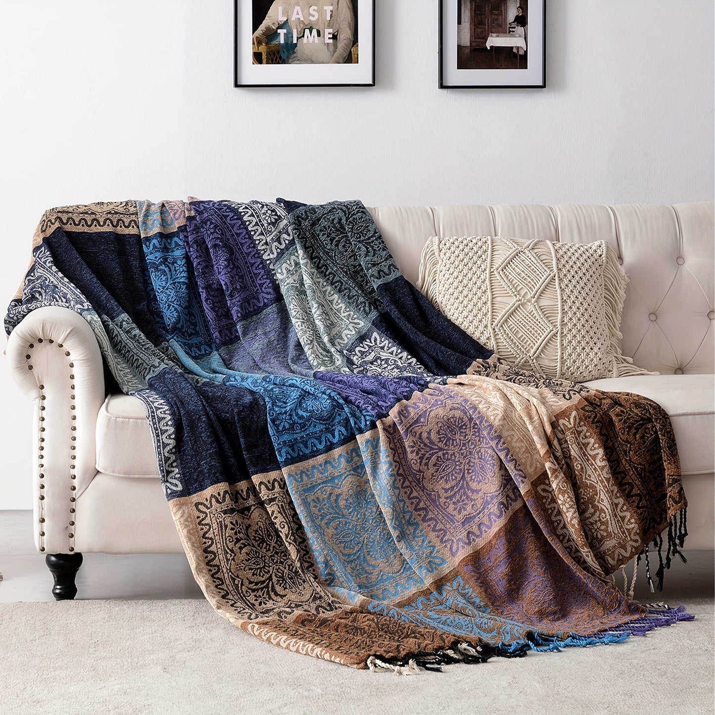 Boho Throw Blanket Colorful Chenille Tassels