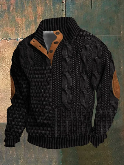 Men's Patchwork Knit Look Pullover – Faux Cable Sweater with Button Collar and Elbow Detail