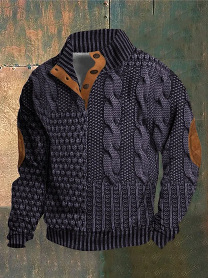 Men's Patchwork Knit Look Pullover – Faux Cable Sweater with Button Collar and Elbow Detail