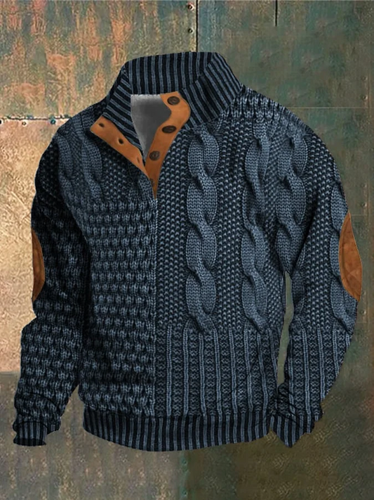 Men's Patchwork Knit Look Pullover – Faux Cable Sweater with Button Collar and Elbow Detail