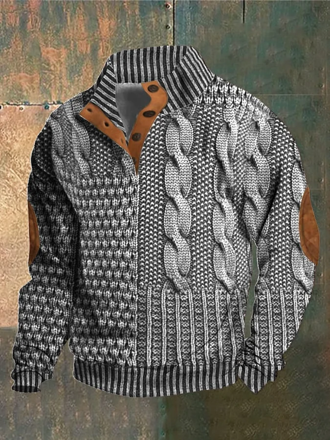 Men's Patchwork Knit Look Pullover – Faux Cable Sweater with Button Collar and Elbow Detail