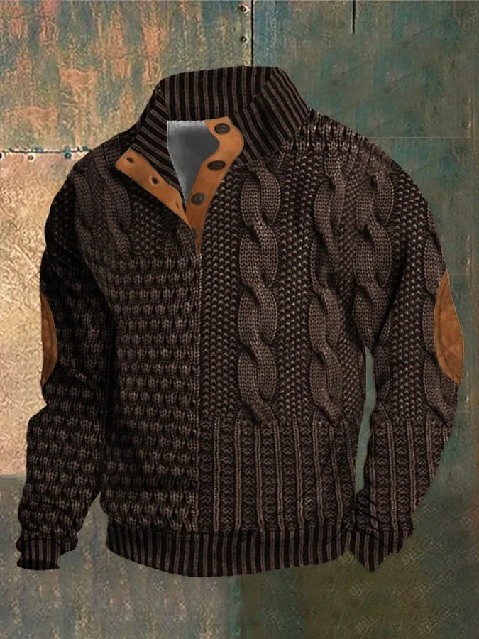 Men's Patchwork Knit Look Pullover – Faux Cable Sweater with Button Collar and Elbow Detail