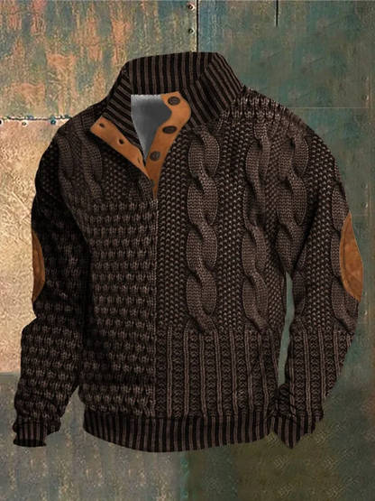 Men's Patchwork Knit Look Pullover – Faux Cable Sweater with Button Collar and Elbow Detail