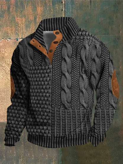 Men's Patchwork Knit Look Pullover – Faux Cable Sweater with Button Collar and Elbow Detail
