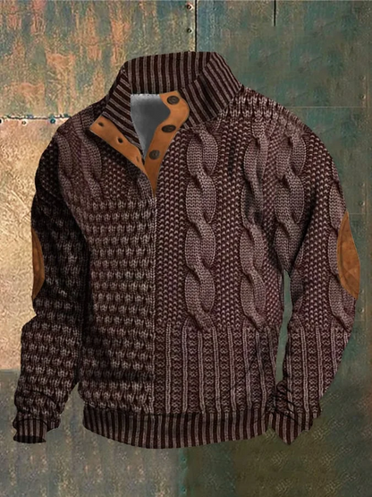 Men's Patchwork Knit Look Pullover – Faux Cable Sweater with Button Collar and Elbow Detail