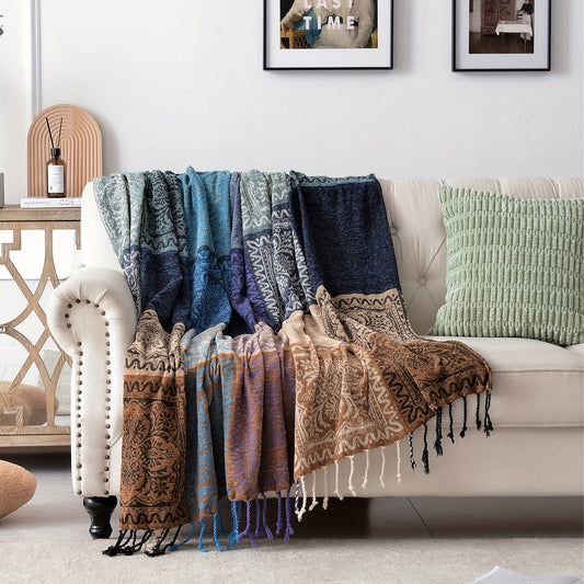 Boho Throw Blanket Colorful Chenille Tassels