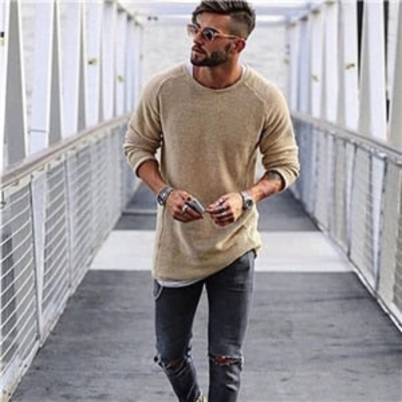 Men's Casual Textured Knit Crew Neck Sweater – Lightweight Long Sleeve Pullover for Everyday Street Style