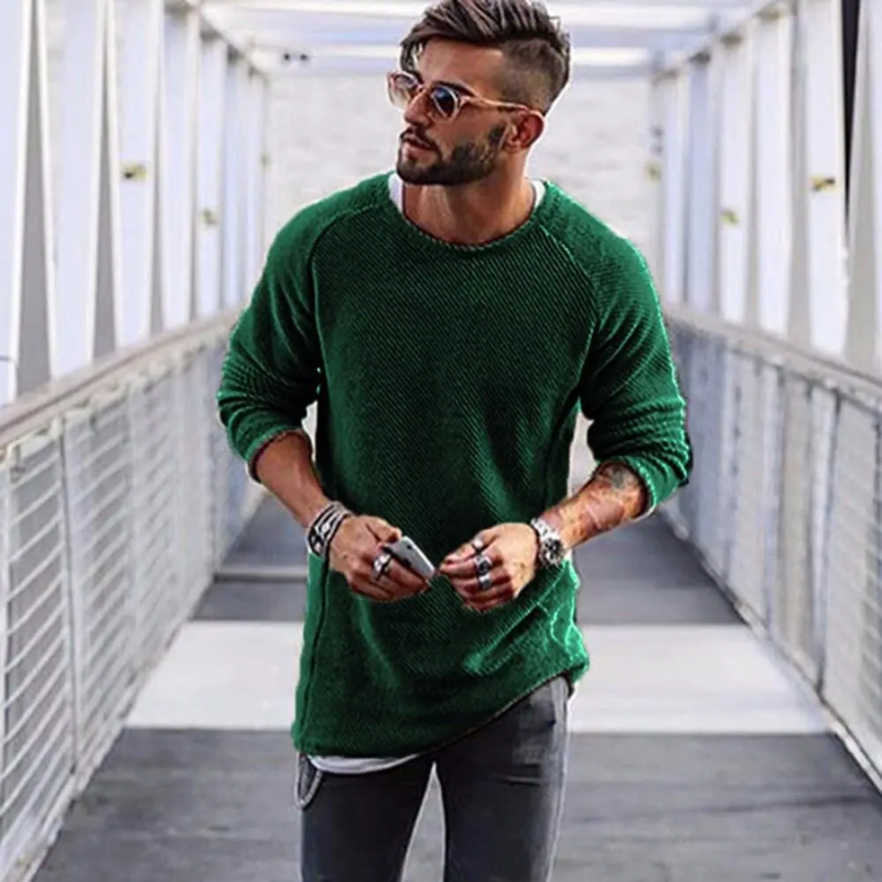 Men's Casual Textured Knit Crew Neck Sweater – Lightweight Long Sleeve Pullover for Everyday Street Style
